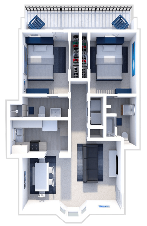 Floor plan for 2 beds, 2 baths, 1050 sqft